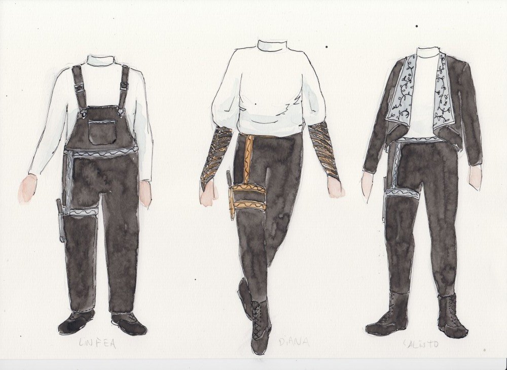 Sketches of costume designs for La Calisto opera by IADT Design for Stage + Screen students