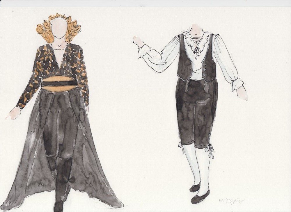 Sketches of costume designs for La Calisto opera by IADT Design for Stage + Screen students