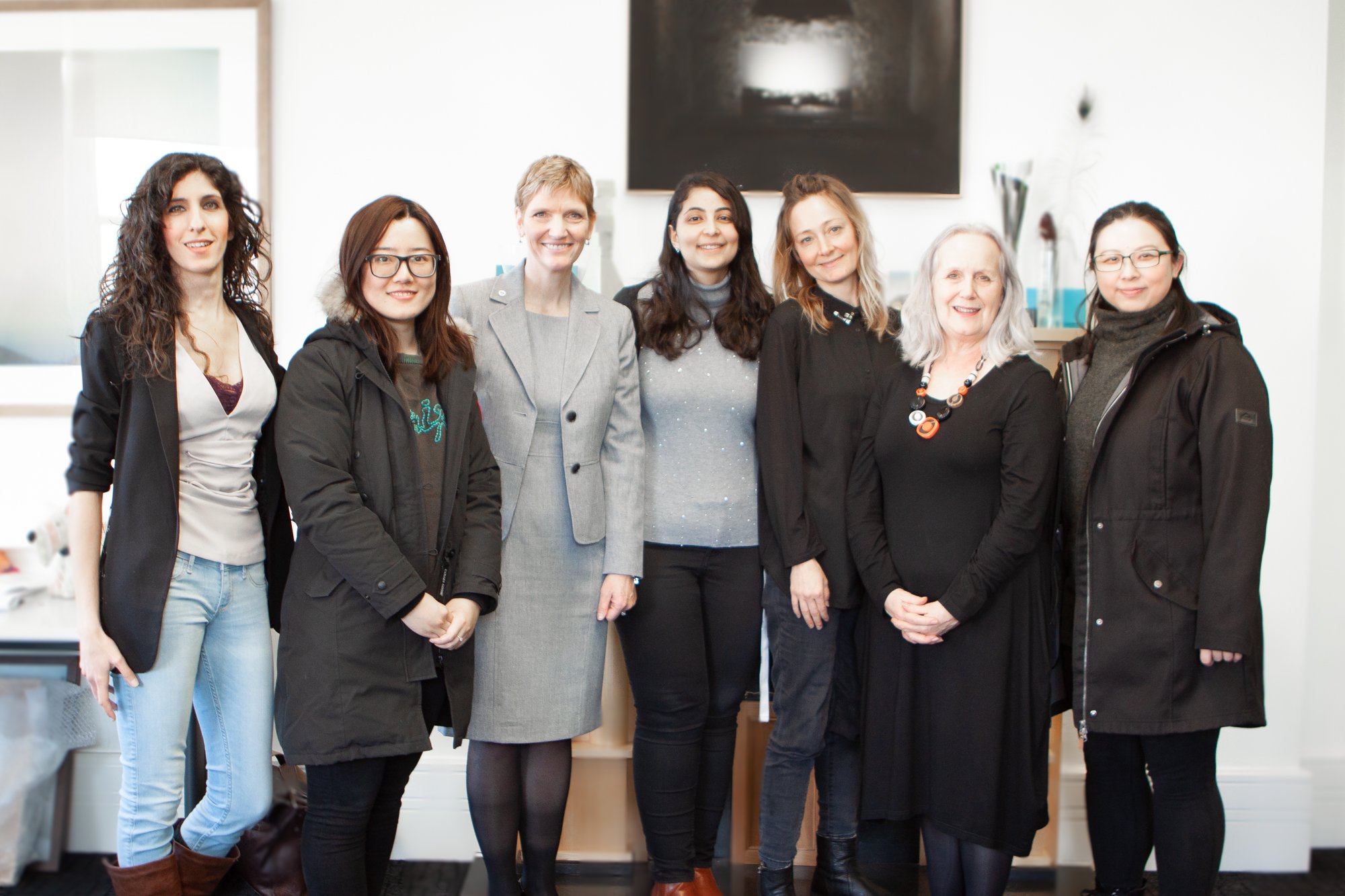 Dr. Janet Morrison, Sheridan President and Vice Chancellor (third from left) and Dr. Annie Doona, President of IADT (second from right) with students of the MA in 3D Animation.