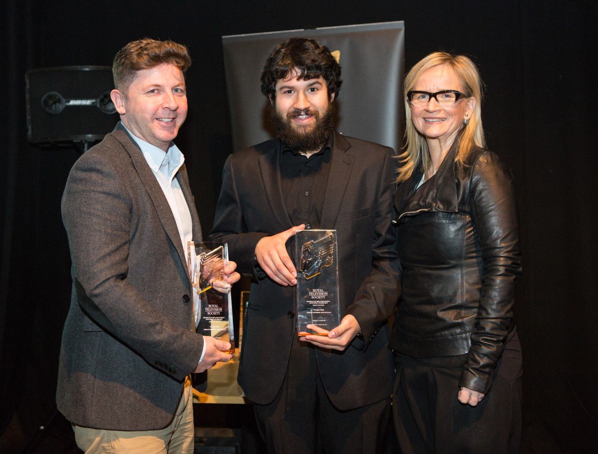 Short Feature Award recipient Jordan Murshed with NFS Barry Dignam and Dee Forbes, Director-general of RTÉ